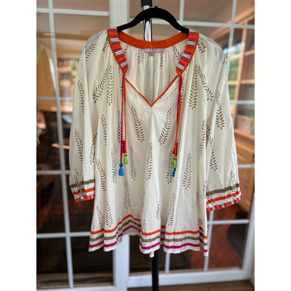 Calypso St. Barth Top Medium Cream Ribbon Trim Tassels Balloon Sleeve Boho Shirt